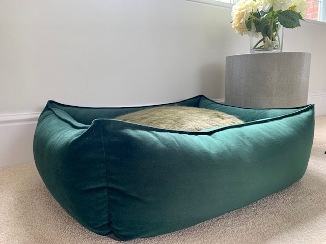 Hunter Bolster Dog Bed Luxury Green Velvet Silver Fox Faux Fur